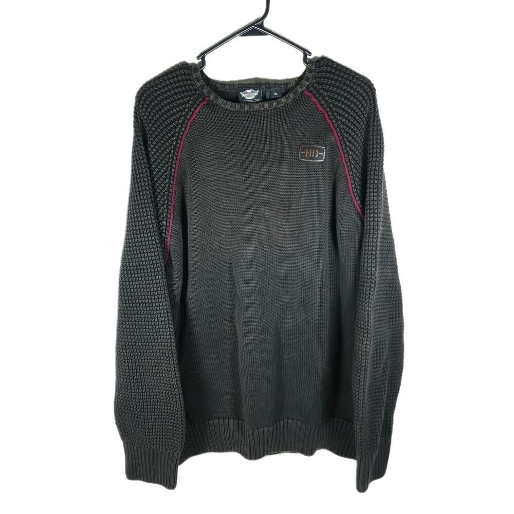 Harley Davidson Men's Sz XL Brown 100% Cotton Knit Round Neck Heavy Sweater